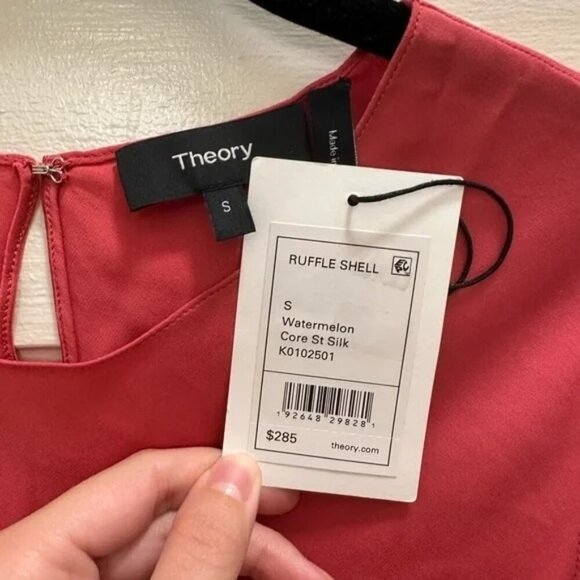 Theory Watermelon Core Silk Sleeveless Ruffle Trim Shell Top - Picture 6 of 7